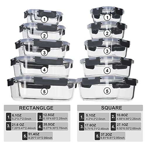 Glass Food Storage Containers with Lids Airtight,Glass Meal Prep Containers for Lunch Food Storage with Lids,Glass Food Container Set,Glass Lunch Box for Kitchen,BPA Free(20 Pieces)