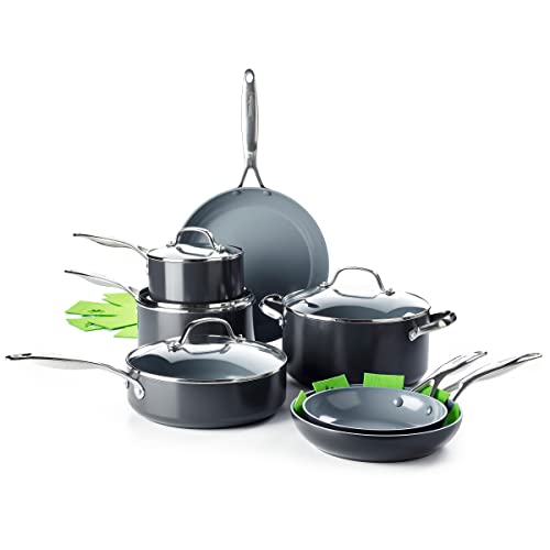 GreenPan Valencia Pro Hard Anodized Healthy Ceramic Nonstick 11 Piece Cookware Pots and Pans Set, PFAS-Free, Induction, Dishwasher Safe, Oven Safe, Gray