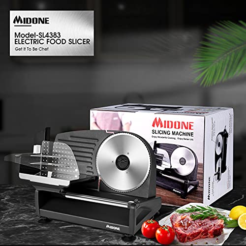 Meat Slicer, MIDONE 200W Electric Food Slicer with 2 Removable 7.5’’ Stainless Steel Blades and Food Carriage, Child Lock Protection, 0-15mm Adjustable Slicing Thickness