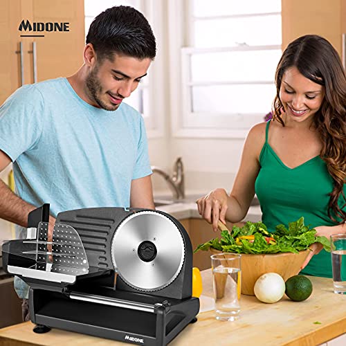 Meat Slicer, MIDONE 200W Electric Food Slicer with 2 Removable 7.5’’ Stainless Steel Blades and Food Carriage, Child Lock Protection, 0-15mm Adjustable Slicing Thickness